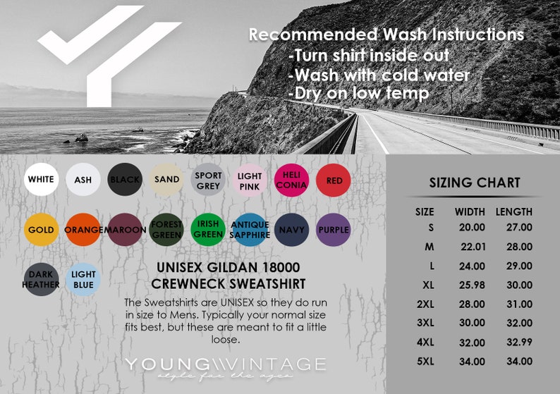 May include: Unisex Gildan 18000 crewneck sweatshirt sizing chart with measurements in inches. The chart shows the width and length of the sweatshirt in sizes S through 5XL. The image also includes a color chart with 18 different color options for the sweatshirt.