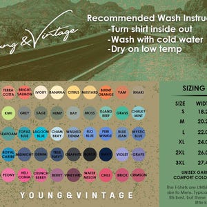 May include: A sizing chart for unisex t-shirts with a colour chart of 48 different colours. The chart includes the text "Young & Vintage" and instructions for washing the shirts. The sizing chart shows the width and length of the shirts in inches.