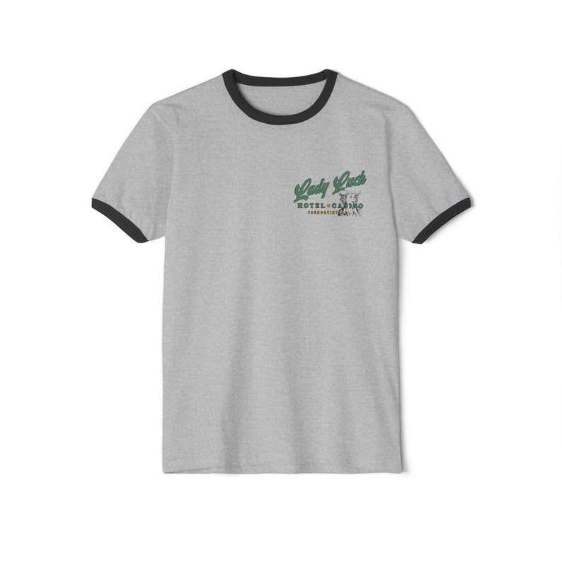 Camiseta Lady Luck - Camisa vaquera retro - Hotel y casino - Camisa vaquera - 777 - Camisa western - Estilo country retro - Camiseta unisex de algodón con ribete Heather Grey/Black