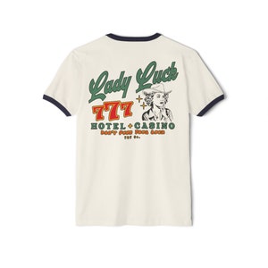 Camiseta Lady Luck - Camisa vaquera retro - Hotel y casino - Camisa vaquera - 777 - Camisa western - Estilo country retro - Camiseta unisex de algodón con ribete Natural/Midnight Navy