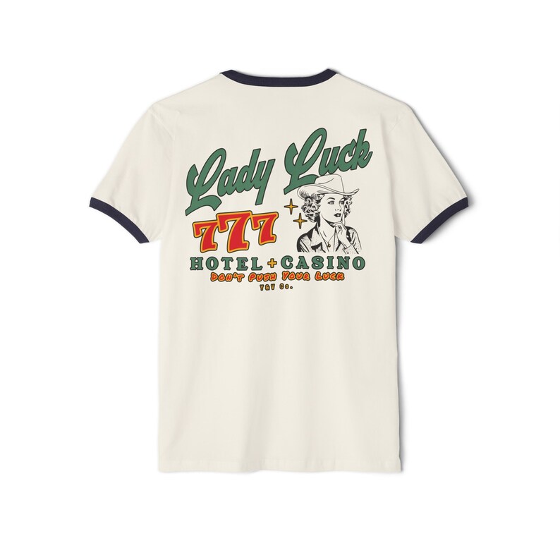Camiseta Lady Luck - Camisa vaquera retro - Hotel y casino - Camisa vaquera - 777 - Camisa western - Estilo country retro - Camiseta unisex de algodón con ribete Natural/Midnight Navy