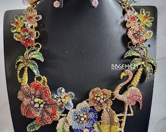 Floral Flamingo Statement Rhinestone Necklace Set/ Costume Jewelry/Multicolored Necklace Set