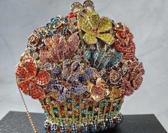 Statement Colorful Rhinestone Floral Clutch/ Evening Clutch/ Rainbow Clutch/Statement Bag/Wedding Clutch/ Rhinestone Clutch