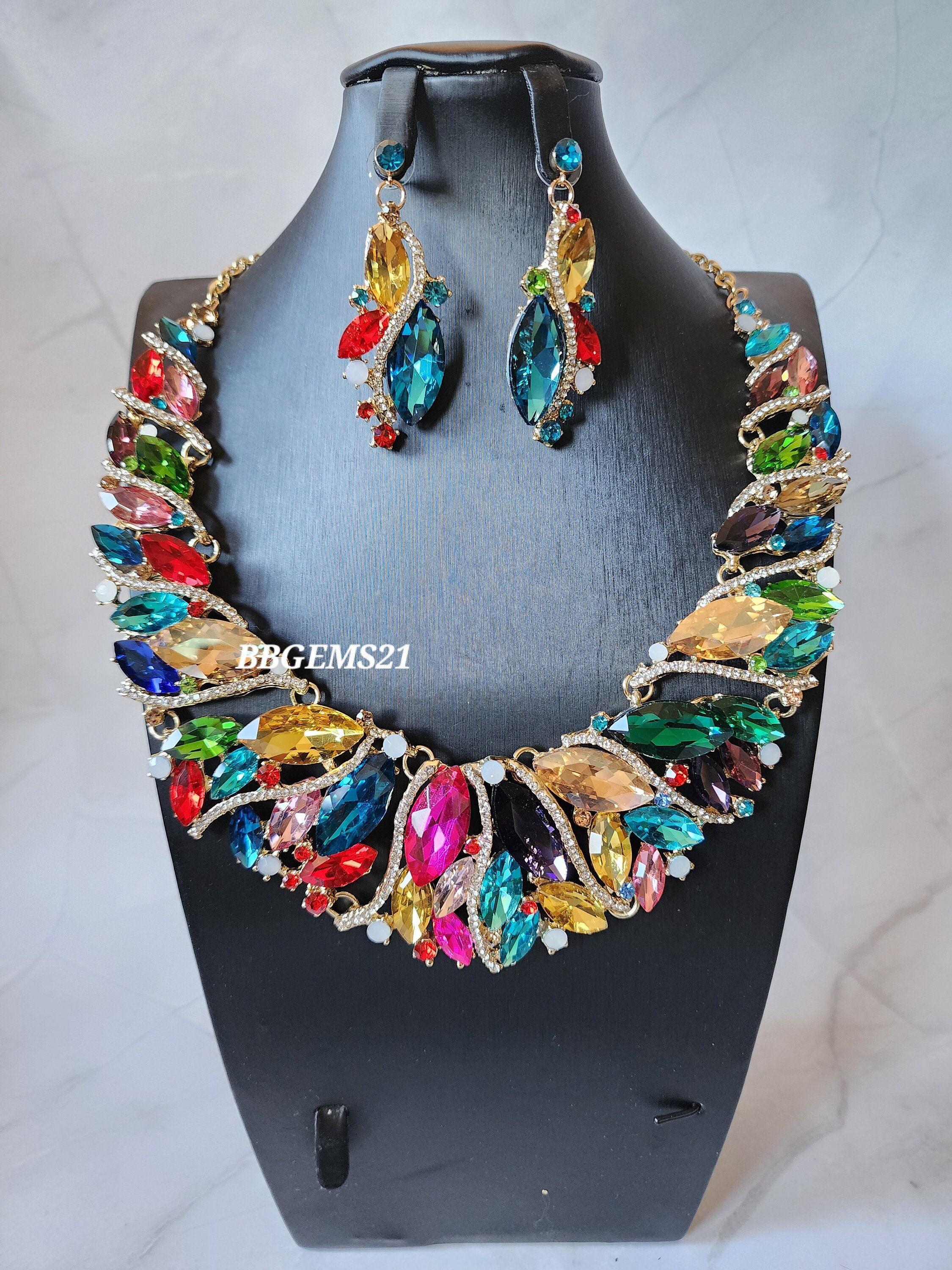 Multicolored Statement Cyrstal Necklace Set/ Costume Jewelry 