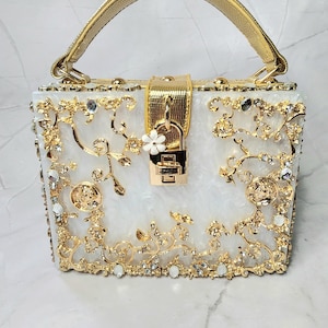 Luxuriöse Gold Floral Hand und Schulter Box Tasche / Statement Tasche / Abendtasche / Hochzeitstasche / Jubiläumsgeschenk Tasche