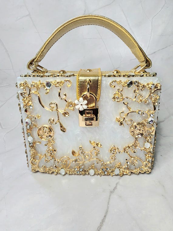 Luxurious Gold Floral Hand and Shoulder Box Bag/Statement Bag/Evening Bag/Wedding Bag/Anniversary Gift Bag