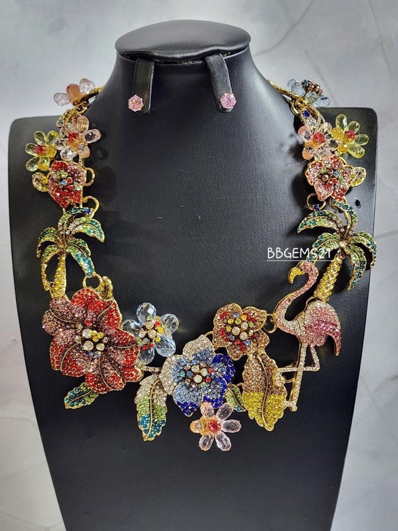 Floral Flamingo Statement Rhinestone Necklace Set/ Costume Jewelry/Multicolored Necklace Set
