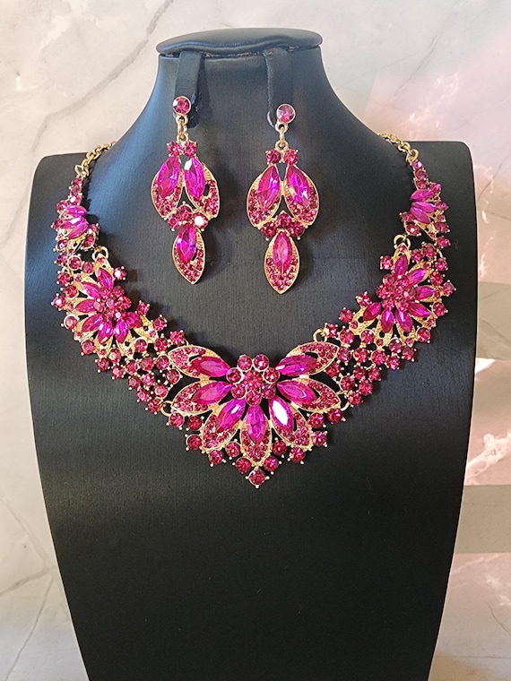 Empress Fushia Necklace Set/ Costume Jewelry/ Necklace Sets/ Statement Necklace