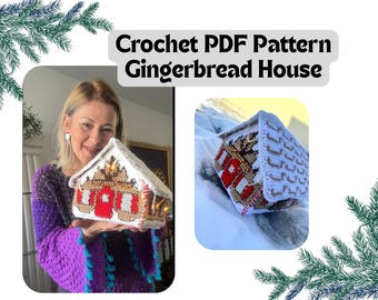 May include: A crocheted gingerbread house with a white roof, red and white walls, and a brown door. The house has lights inside and is held by a person. The image also includes the text "Crochet PDF Pattern Gingerbread House".