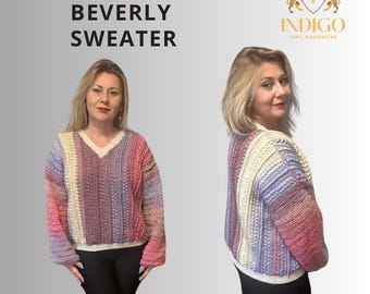 Crochet V-Neck Sweater Pattern, Oversized Wheat Stitch (PDF Pattern)