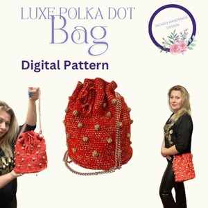 May include: A red crochet bag with gold polka dots and a gold chain strap. The bag is a drawstring style and has a round shape. The bag is shown in a photo with a person holding it and another photo of the bag on a white background.