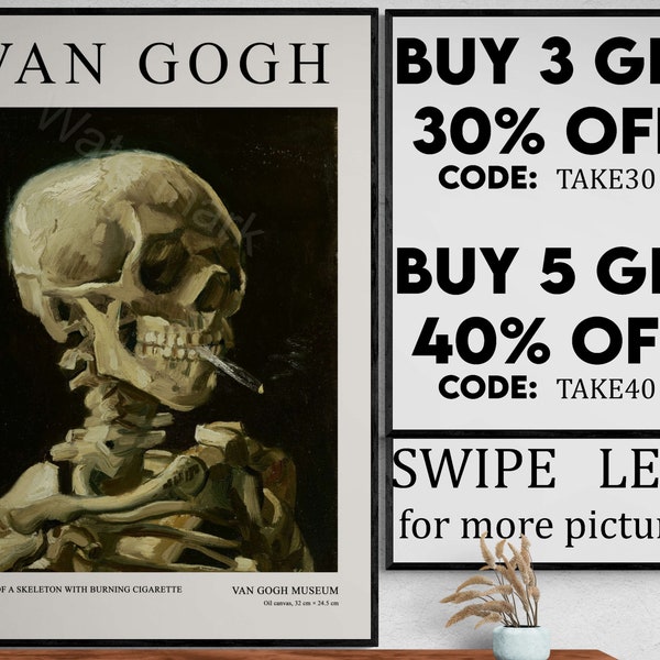 Skull Print by Van Gogh, Gothic Wall Art, Dark and Intriguing Painting, High Quality and Detailed, Great for Any Room VVG007