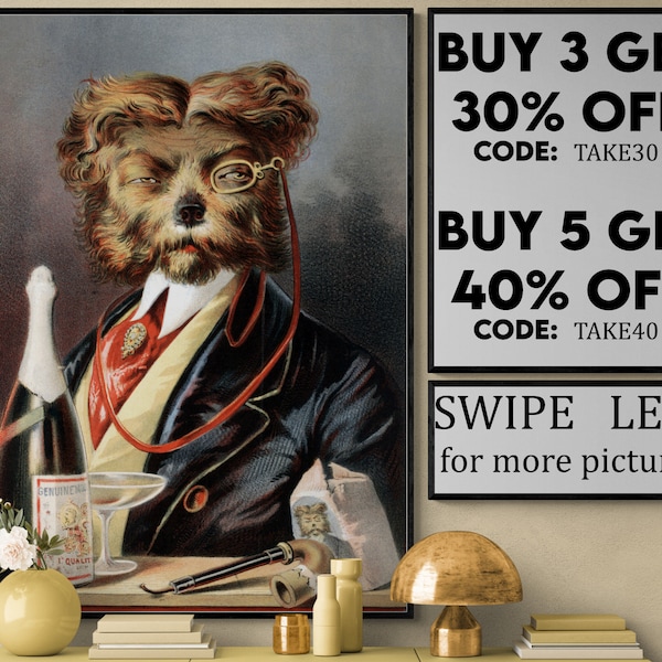 Posh dog portrait print - victorian dog print - vintage dog wall art ideas - recycled upcycled lap dog illustration - monocle VP234