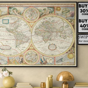 Tentures Murale Carte Du Monde Vintage 220x190 Cm - Tissu Polyester, Style Ancien, Décoration Salon/chambre