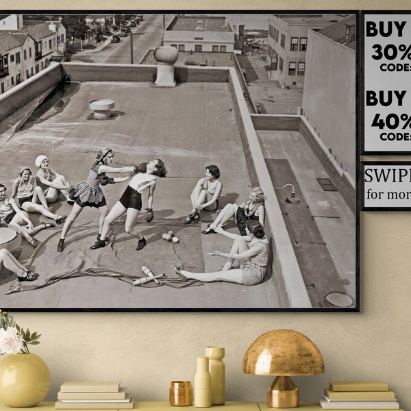 Women Boxing On A Roof (1938), , Vintage Rooftop Girls Boxing, Vintage Hollywood , Black and White Photo, VP304