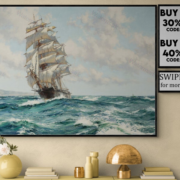 Tableau Toile Sur Châssis "The Proud Ship" Par Montague Dawson - Art Maritime - Cadré, Prêt à Accrocher