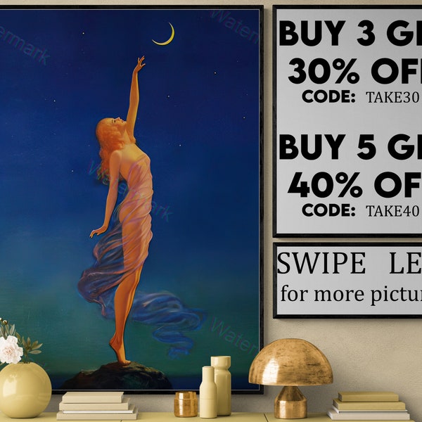 Reaching for the Moon Print Halloween Decor Edward Mason Eggleston Canvas print Woman and Moon wall Art Witch Art Deco Print  VP229