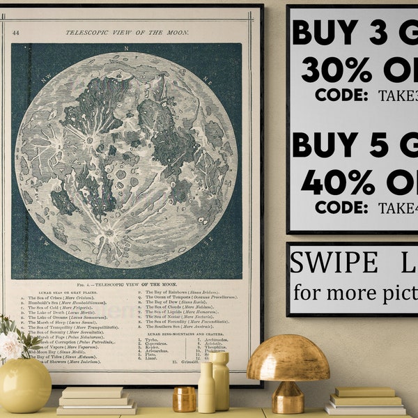 Vintage Moon Map, Antique Moon Print, Vintage Lunar Map of the Moon, Antique Celestial Map, Moon Map, Moon Poster, Vintage Moon VP216