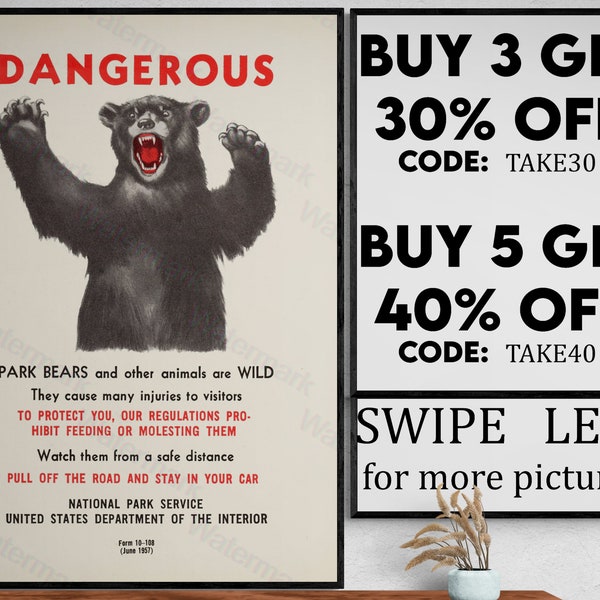 Dangerous! Vintage Bear Print or Poster • Vintage Bear Warning Sign • National Parks Hunting Yellowstone Don't Feed the Bears! - VP099