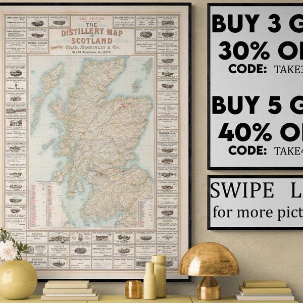 Carte de whisky de l'Ecosse vintage Print | Art mural carte Scotch Whisky | Affiche de la carte des distilleries de whisky | Décor de bar à whisky VP224