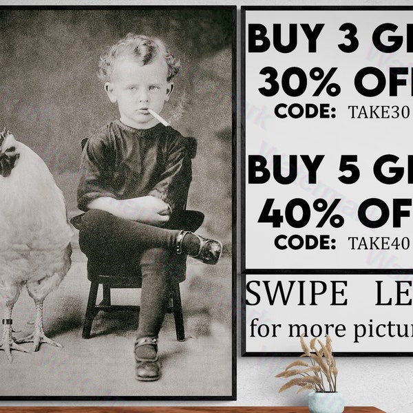 vintage photo garçon avec poulet coq fumant enfant impression affiche bizarre inhabituel étrange noir et blanc décor mural antique étrange - VP088