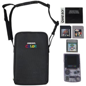 Consola Game Boy Color Atomic Purple CGB-001 con pantalla LCD IPS, estuche y juegos