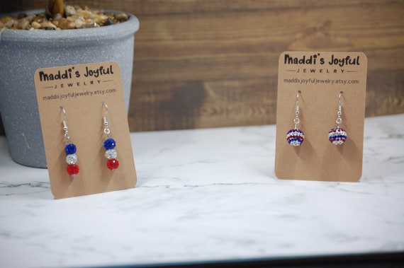 4th of July Earrings, Red White Blue Dangle Jewelry