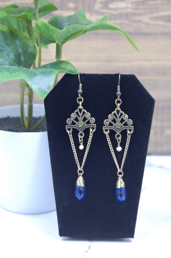Vintage Style Filigree Dangle Earrings, Blue Crystal Teardrop