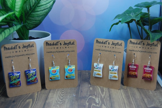 Snack Food Dangle Earrings, Chips and Candy Bar Jewelry