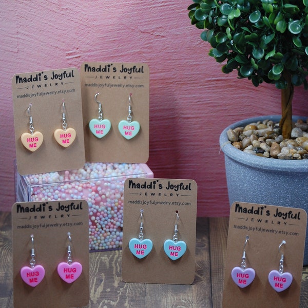 Conversation Heart Earrings; Dangle Earrings; Food Earrings; Valentine's Day Jewelry; Valentine's Day Earrings; Hug Me Earrings
