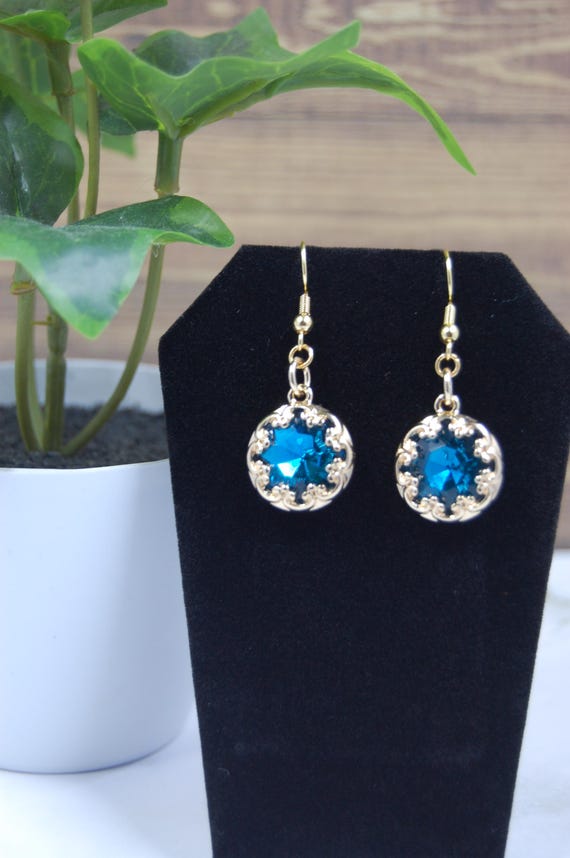 Royal Blue Crystal Earrings, Gold Filigree, Vintage Style