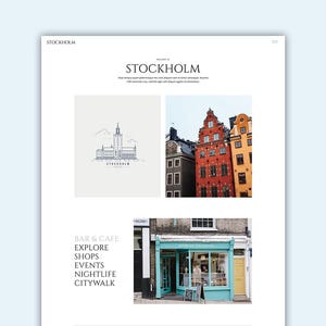 Könnte beinhalten: Eine Website-Startseite für einen Reiseführer nach Stockholm, Schweden. Die Seite zeigt Bilder der Architektur der Stadt, darunter farbenfrohe Gebäude und einen Kirchturm. Der Text "Stockholm ist eine so atemberaubende Stadt mit vielen Parks und Geschäften" wird auf der Seite angezeigt.
