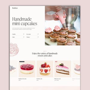 Peut inclure: Un site web pour une boulangerie appelée Bonbon, présentant une variété de gâteaux et de cupcakes. Le site web comprend des images de gâteaux, de cupcakes et d'un boulanger décorant des cupcakes. Le texte sur le site web indique "Cupcakes miniatures faits main" et "Profitez de la variété de douceurs et de gâteaux faits main".