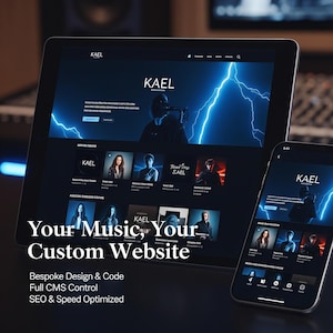 May include: A tablet and smartphone showing a website interface with the text "KAEL" and the tagline "Your Music, Your Custom Website." The website has a dark theme with lightning bolt graphics and artist images.