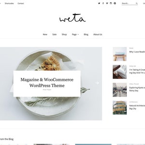 Puede incluir: Una página de inicio de un sitio web para un tema de WordPress llamado "weta" con el lema "Magazine & WooCommerce WordPress Theme". La página de inicio presenta una foto de un pastel en un plato con una ramita de romero. El sitio web también presenta una sección de blog con cuatro publicaciones de blog.