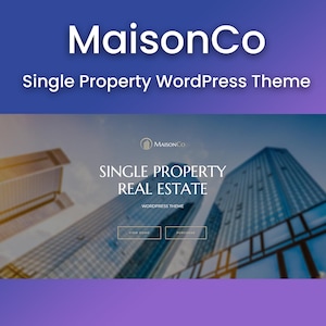 Puede incluir: Una página de inicio de un sitio web para un tema de WordPress de bienes raíces llamado MaisonCo. La página de inicio presenta una imagen borrosa de un horizonte de la ciudad con rascacielos y el texto "Single Property Real Estate WordPress Theme".