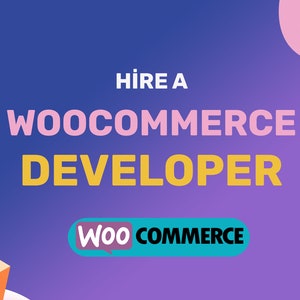 Könnte beinhalten: Ein violetter und blauer Farbverlaufshintergrund mit einer abstrakten Form in Rosa und Weiß. Der Text "HIRE A WOOCOMMERCE DEVELOPER" ist in Rosa und Gelb. Der Text "WOOCOMMERCE" ist in Weiß und Schwarz auf einer blaugrünen Sprechblase.