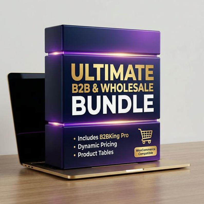 May include: A dark blue and purple box with the text "ULTIMATE B2B & WHOLESALE BUNDLE" in gold and white. The box is on top of a laptop. The box includes B2BKing Pro, Dynamic Pricing, and Product Tables. The box is WooCommerce Compatible.
