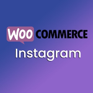 Puede incluir: Gráfico con fondo degradado azul y morado. El texto "WooCommerce" está en un bocadillo, y la palabra "Instagram" está debajo. El logotipo de WooCommerce está en la esquina superior izquierda.