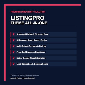 May include: A dark blue graphic with the text "LISTINGPRO THEME ALL-IN-ONE" in white. Below are bullet points with features like "Advanced Listing & Directory Core" and "AI-Powered Smart Search Engine". The image has a red border and the text "PREMIUM DIRECTORY SOLUTION".