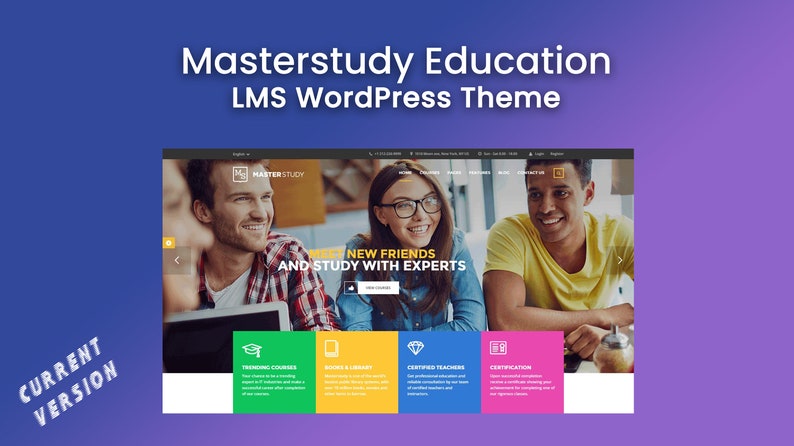 Peut inclure: Capture d'&eacute;cran d'un site web pour le th&egrave;me WordPress Masterstudy Education LMS, mettant en sc&egrave;ne un groupe d'&eacute;tudiants souriants et apprenant ensemble. Le site web a un design propre et moderne avec un appel &agrave; l'action pour "Rencontrer de nouveaux amis et &eacute;tudier avec des experts".