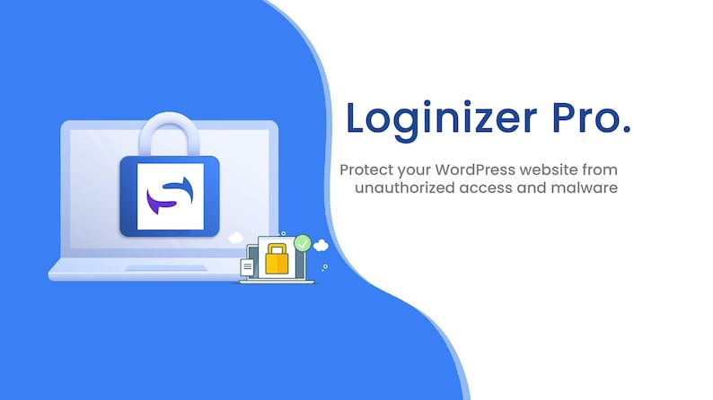 May include: A laptop computer with a blue padlock icon on the screen. The text "Log inizer Pro." is displayed on the right side of the image. The text "Protect your WordPress website from unauthorized access and malware" is below the title.