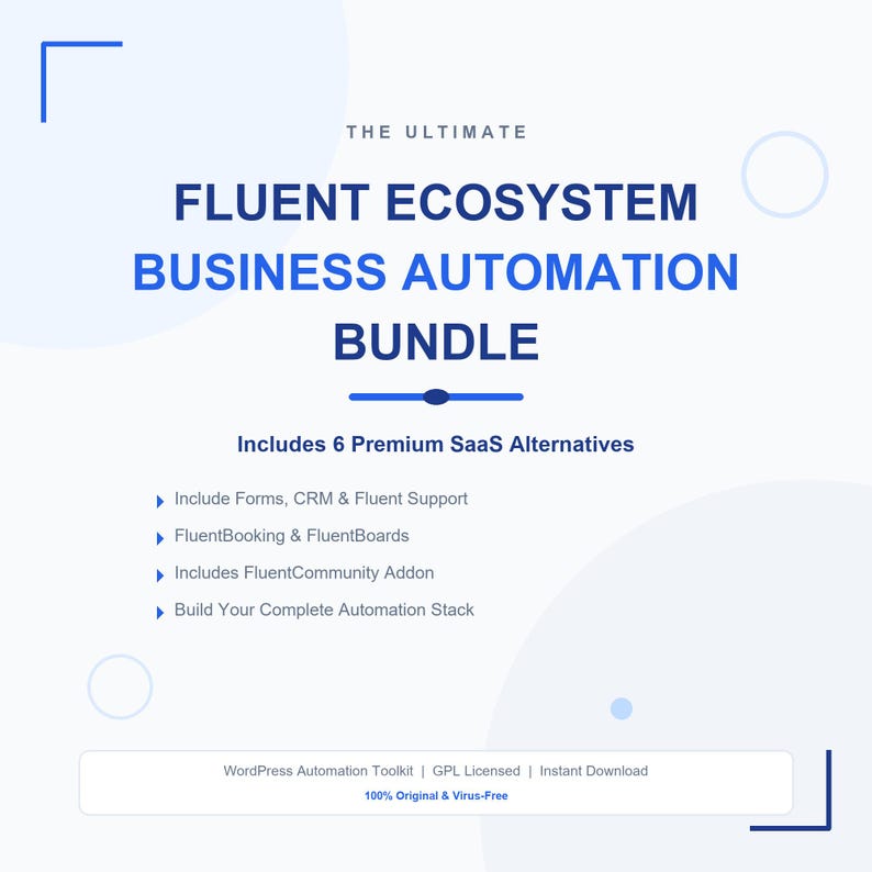 K&ouml;nnte beinhalten: Eine wei&szlig;e Grafik mit blauem Text, der "FLUENT ECOSYSTEM BUSINESS AUTOMATION BUNDLE" lautet. Das Bild enth&auml;lt eine Liste von Funktionen und den Text "Includes 6 Premium SaaS Alternatives."