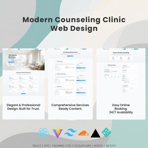 May include: A web design mockup for a modern counselling clinic. The design features three website pages with text and images. The text includes "Modern Counselling Clinic Web Design", "Elegant & Professional Design. Built for Trust."