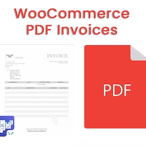 May include: A red PDF file icon with the word "PDF" in white text. The icon is next to a sample WooCommerce invoice template with the word "INVOICE" at the top.