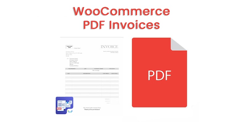 May include: A red PDF file icon with the word "PDF" in white text. The icon is next to a sample WooCommerce invoice template with the word "INVOICE" at the top.