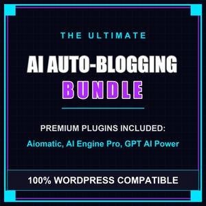 Op de afbeelding: Een digitale afbeelding met een donkerblauwe achtergrond en een rasterpatroon. De tekst luidt "THE ULTIMATE AI AUTO-BLOGGING BUNDLE" in wit en paars. Daaronder staat "PREMIUM PLUGINS INCLUDED: Aiomatic, AI Engine Pro, GPT AI Power".