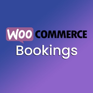 May include: A purple and blue gradient background with the text "WooCommerce Bookings" in white and black. The word "Woo" is in a speech bubble.