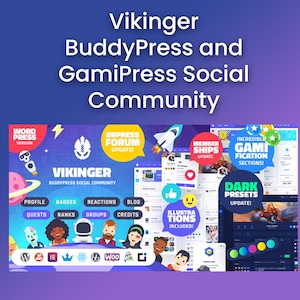 Peut inclure: Une illustration colorée d'une plateforme de communauté sociale appelée Vikinger, qui est construite sur BuddyPress et GamiPress. L'image montre diverses fonctionnalités de la plateforme, notamment les pages de profil, les badges, les réactions, les blogs, les quêtes, les classements, les groupes, les crédits, les abonnements de membres, les sections de gamification et les préréglages sombres. La plateforme est conçue pour créer une communauté en ligne amusante et engageante.