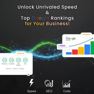 Könnte beinhalten: Grafik mit dem Text "Unlock Unrivaled Speed & Top Google Rankings for Your Business!" und Symbolen für Geschwindigkeit, SEO und Code. Das Bild enthält Diagramme mit dem Google-Logo und eine Fünf-Sterne-Bewertung.
